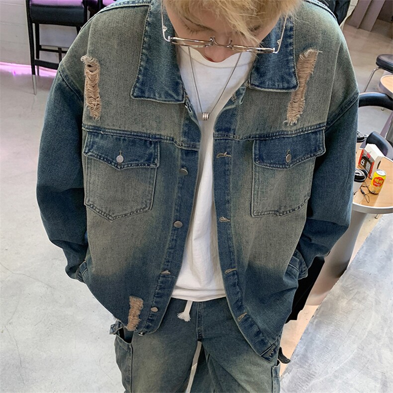 春季港风美式复古蓝翻领外套男A068-DJJK29-TP95,女装短外套,电商A068