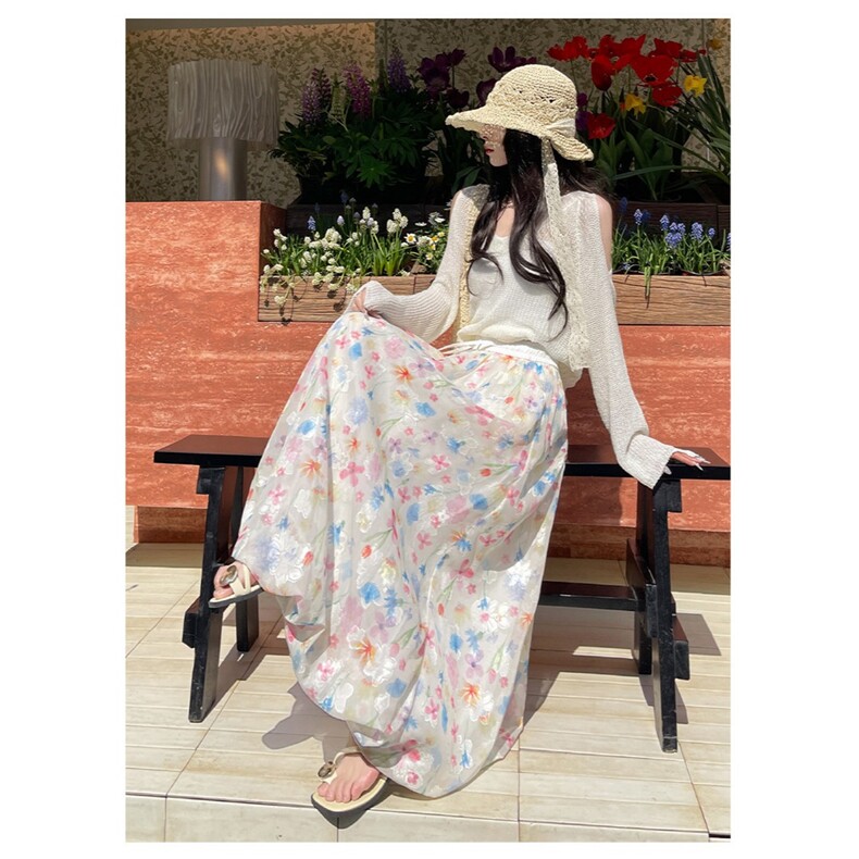 碎花花苞半身裙女2025新款夏季高腰中长款时尚减龄抽绳a字蓬蓬裙,女装半身裙,星座1210-1
