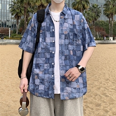 港风衬衫男春夏季内搭复古宽松破洞纹短袖潮衬衣外套7221P45，男装衬衫，电商A056