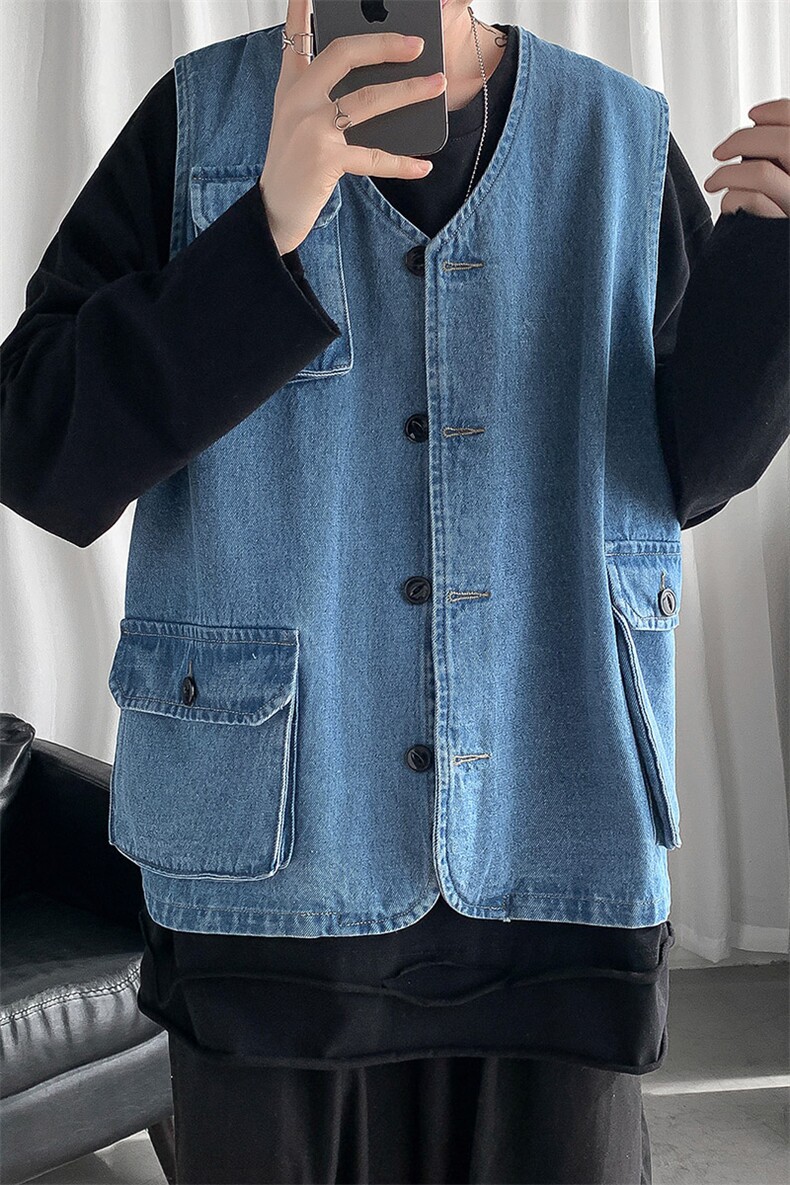 极简文艺V领宽松牛仔马甲复古工装机能风休闲马甲HY26TP60控98,男装工装外套,电商A102B