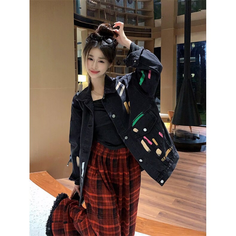 彩色涂鸦牛仔外套春秋新款大码胖MM设计感小众宽松休闲夹克上衣,男装工装外套,星座601-1
