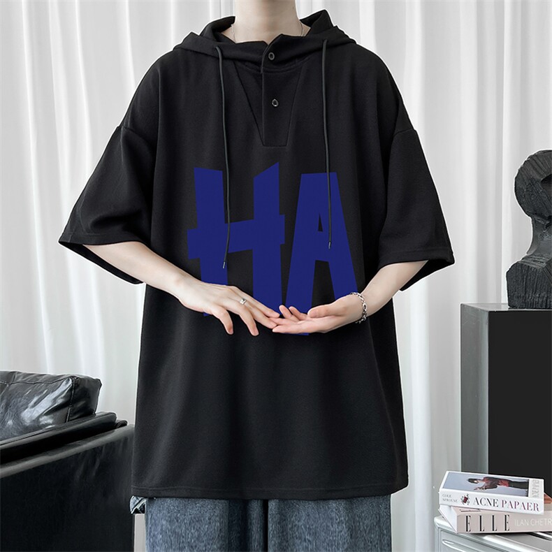 LD54258-P45连帽短袖t恤男大码胖子带帽五分袖中袖,男装T恤,电商A040