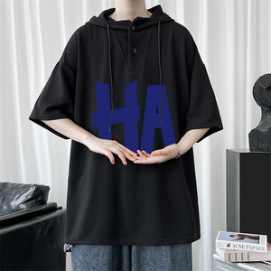 LD54258-P45 连帽短袖t恤男大码胖子带帽五分袖中袖图片