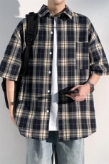 特批P25无差价夏季新款百搭休闲格子翻领短袖宽松衬衫男CD5504，男装衬衫，电商A001-1
