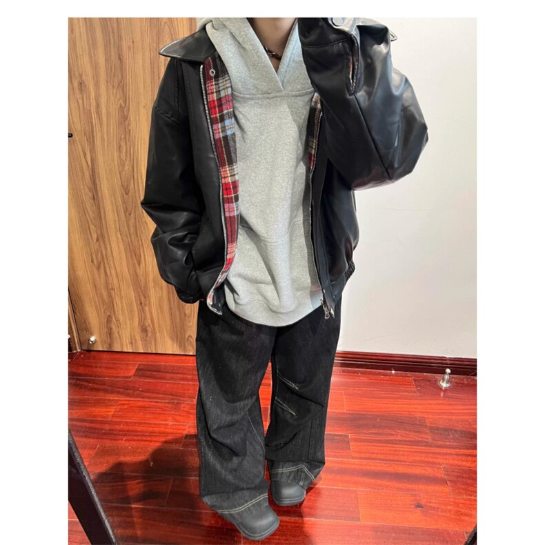 美式复古格子双面穿PU皮夹克男女秋冬季潮牌宽松外套LJ85655-P75,男装皮衣,星座1008