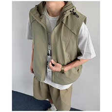 日系复古山系户外机能风连帽马甲男夏季宽松百搭拉链口袋坎肩外套，男装背心/马甲，星座506A