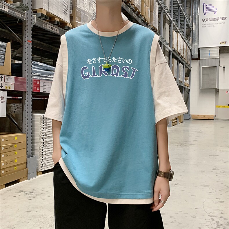夏季港风韩版宽松休闲圆领假两件T恤短袖上衣男T532 P35控48图片