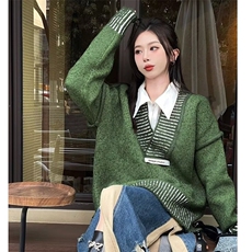 原宿时尚设计感V领百搭长袖潮流气质套头甜美毛衣6318-P49网图，女装针织衫/毛衣，电商B245