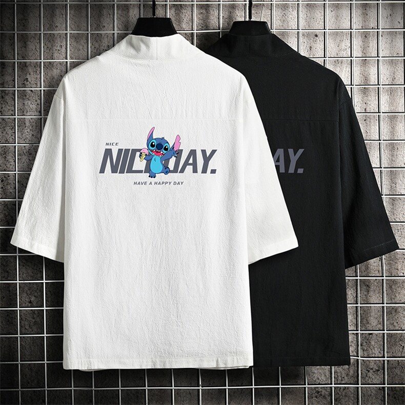 HF59173-P40风汉服男开衫外套七分袖道袍网格挂拍，男装民族服装，电商A040A