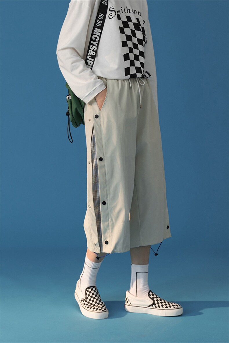 K6030/P30夏款格子撞色排扣七分裤男女短裤休闲裤中性风大码控45,女装休闲裤,电商A141