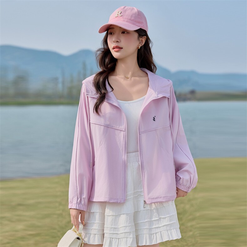 小个子时尚紫色薄款外套女短款2025夏季新款连帽透气户外防晒衣潮,女装防晒衣,悦祺
