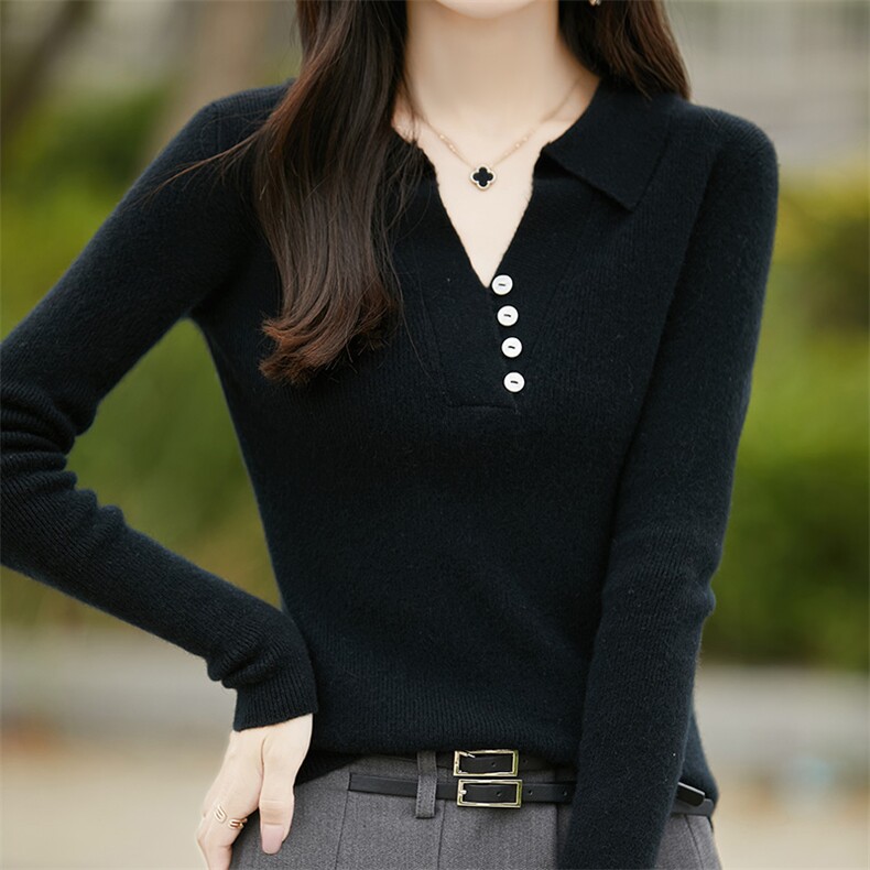 POLO领100%纯羊毛衫女坑条纽扣长袖针织衫毛衣宽松羊绒衫打底上衣,女装羊毛衫,绒汀羊绒