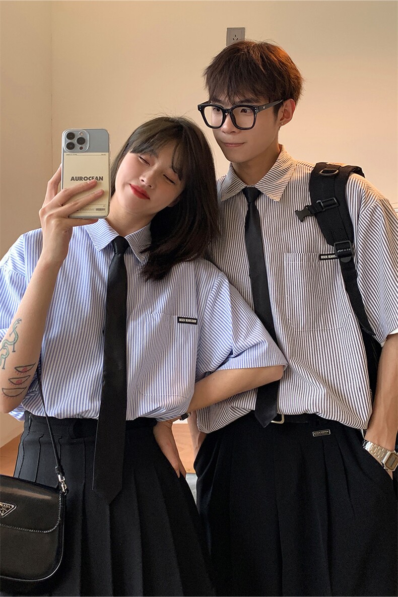 情侣装夏装2026新款短袖衬衫港风男女半袖衬衣团购HK14-P43领带3,男装T恤,电商A233-1