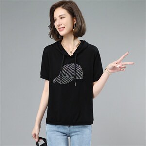 板酷2026夏装新款时尚宽松烫钻纯色女装上衣连帽T恤B619图片