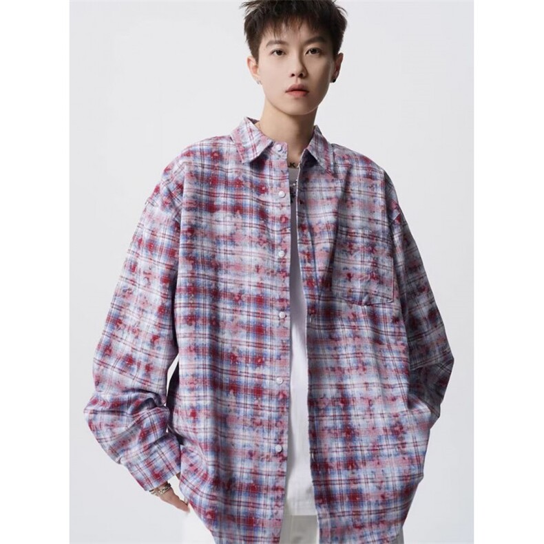 设计感扎染美式街头格子衬衫外套男女宽松防晒长袖衬衣C9020，男装防晒衣，星座1116A（原606A-3）