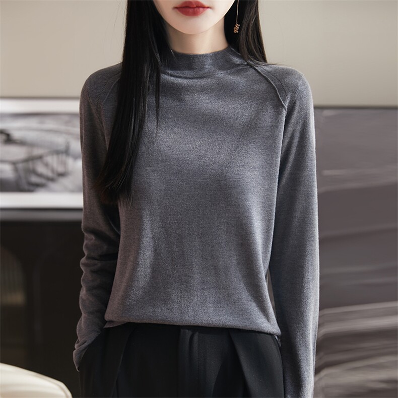 半高领桑蚕丝精纺羊毛衫女春秋莱赛尔长袖针织毛衣宽松打底衫上衣,女装羊毛衫,朝思羊绒