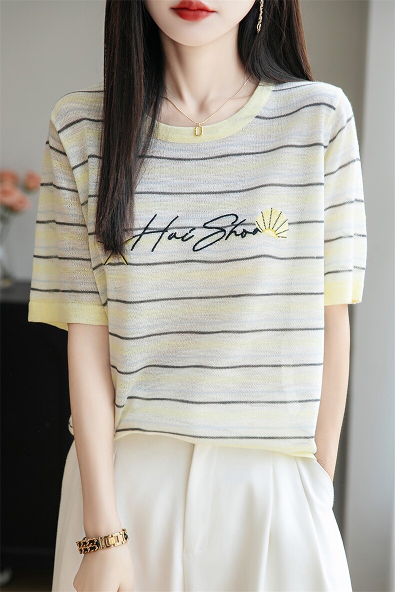圆领条纹字母刺绣针织短袖T恤女2025夏季冰丝薄款时尚百搭上衣t恤,女装T恤,菲奥羊绒