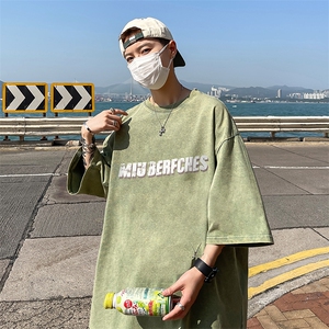 B239-1132-P38 美式 字母印花 复古水洗做旧落肩袖 短袖T恤上衣图片