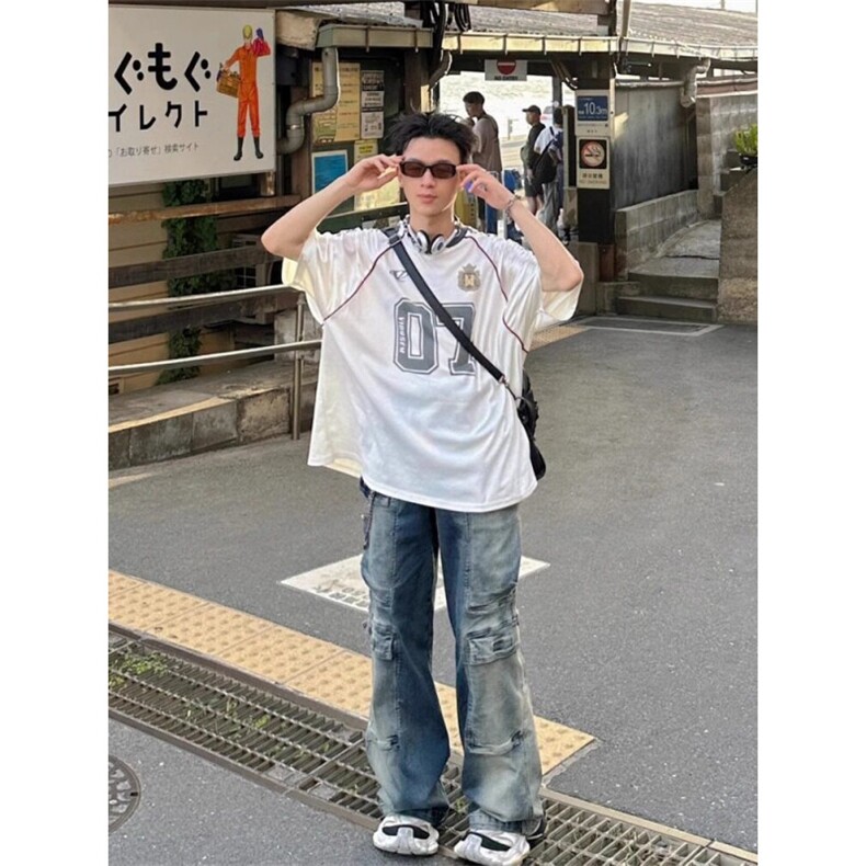 复古运动风网面短袖T恤男生潮牌ins涂鸦印花宽松速干透气球衣圆领,男装T恤,四季星座505