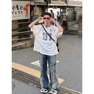复古运动风网面短袖T恤男生潮牌ins涂鸦印花宽松速干透气球衣圆领图片