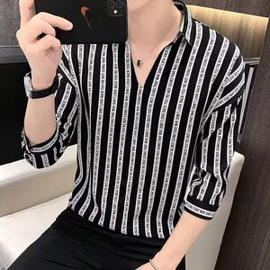 新款潮流七分袖标准常规夏季新款冰丝涂鸦花衬衣休闲短袖图片