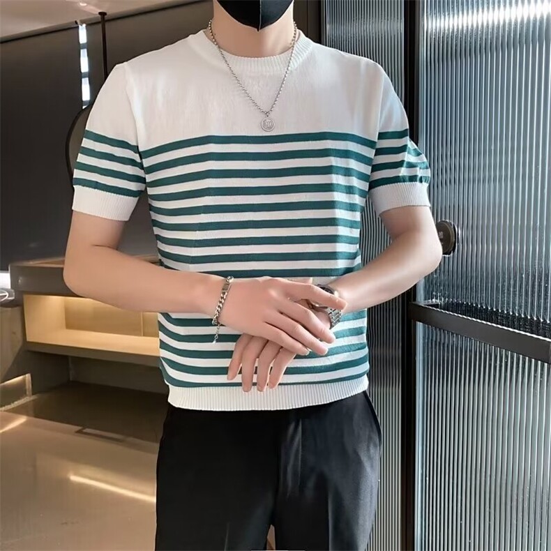 条纹针织冰丝t恤男短袖夏季薄款透气圆领半截袖体恤潮流修身帅气,男装T恤,星座1013