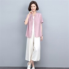 2022重工刺绣短袖衬衫女夏季新款妈妈衬衣棉麻风休闲上衣，女装衬衫，忆绮罗