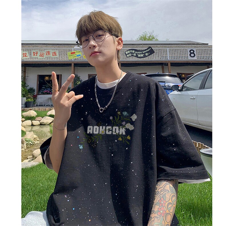 可48小时发货支持抖音得物来样二开美式满天星亮片短袖T恤MTX724,男装T恤,电商A486-1