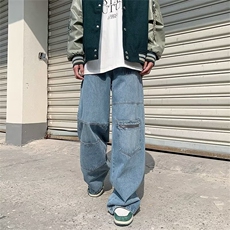 N18907美式高街多口袋宽松感拉链牛仔裤百搭休闲潮牌工装阔腿裤男，男装牛仔裤，四季星座218-1