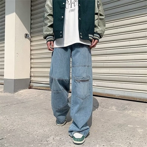 N18907美式高街多口袋宽松感拉链牛仔裤百搭休闲潮牌工装阔腿裤男图片
