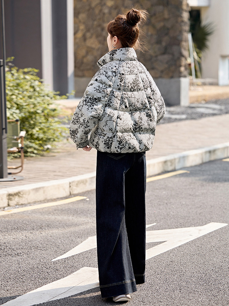 短款羽绒服女2025冬季新款小个子超好看新中式复古印花立领面包服,女装羽绒服,半夏
