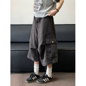 褶皱多口袋七分裤男款夏季宽松伐木阔腿工装裤短裤子  KD359图片