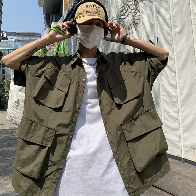 短袖工装衬衫男日系夏季宽松五分袖休闲上衣学生中袖衬衣C31-P42,男装衬衫,星座1008