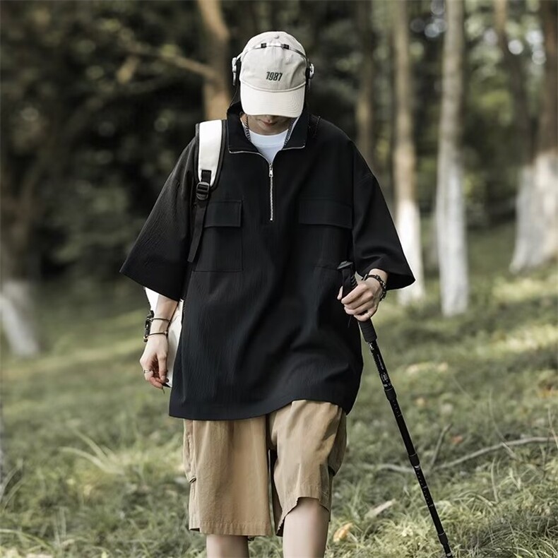 夏季半拉链高领衬衫男短袖t恤潮牌复古垂坠感小众休闲薄款衬衣服,男装衬衫,星座601-2