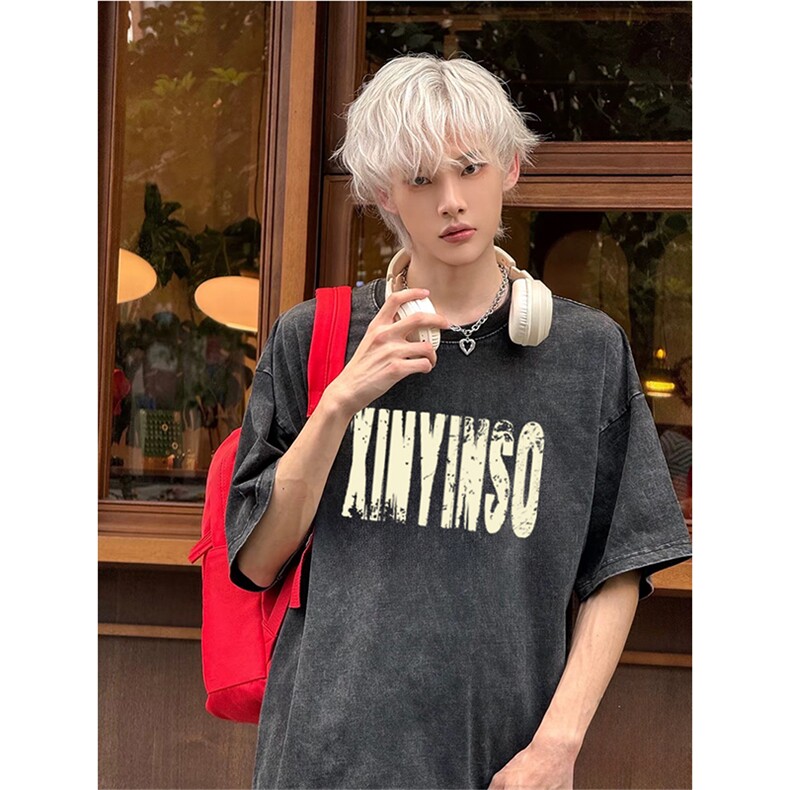 抖音得物供货 240克重磅现货宽松美式纯棉水洗做旧印花T恤ATSX07图片