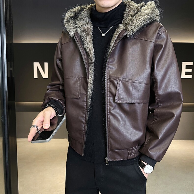 座山雕加绒加厚皮衣连帽外套男士皮毛一体PU皮棉衣B328-6651-P215,男装皮衣,电商B328