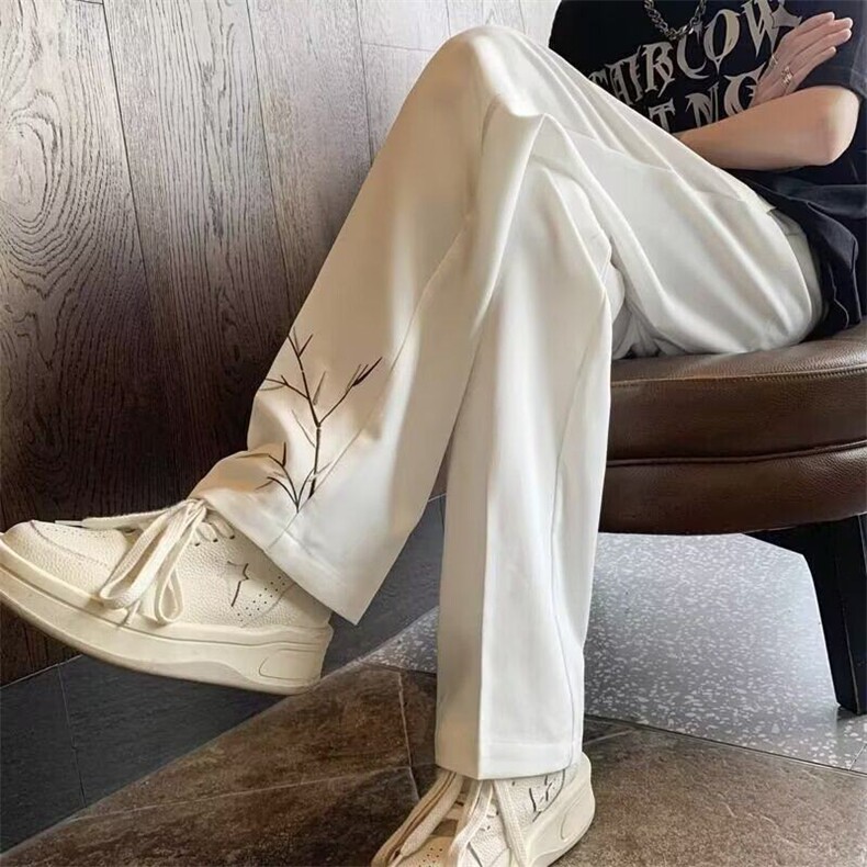 2025新中式休闲裤男夏季潮竹叶小西裤垂感刺绣盘扣设计直筒裤,男装休闲裤,星座506A
