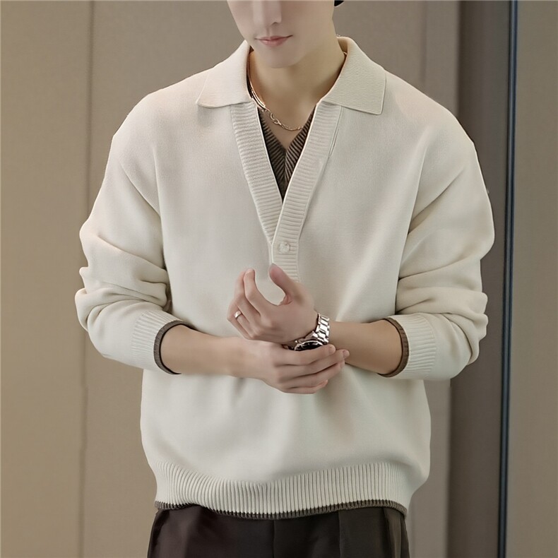 假两件双v领针织polo衫男款秋冬韩系高知老钱风加厚毛衣保暖内搭,男装针织衫/毛衣,星座506A