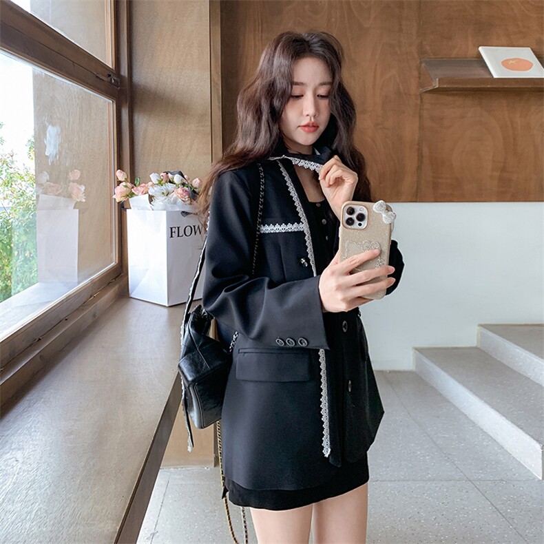 蕾丝飘带黑色西装外套女春秋2025新款小个子气质名媛高级感小西服,女装西装,慧尚依恋