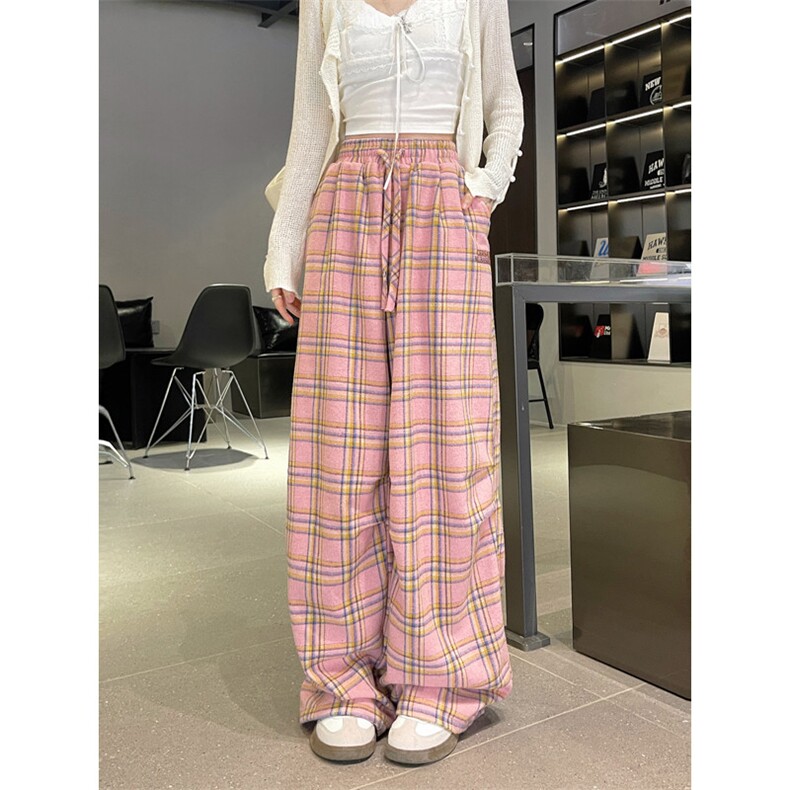 美式复古阔腿格子休闲裤男女春款宽松慵懒垂坠感显瘦直筒拖地长裤图片