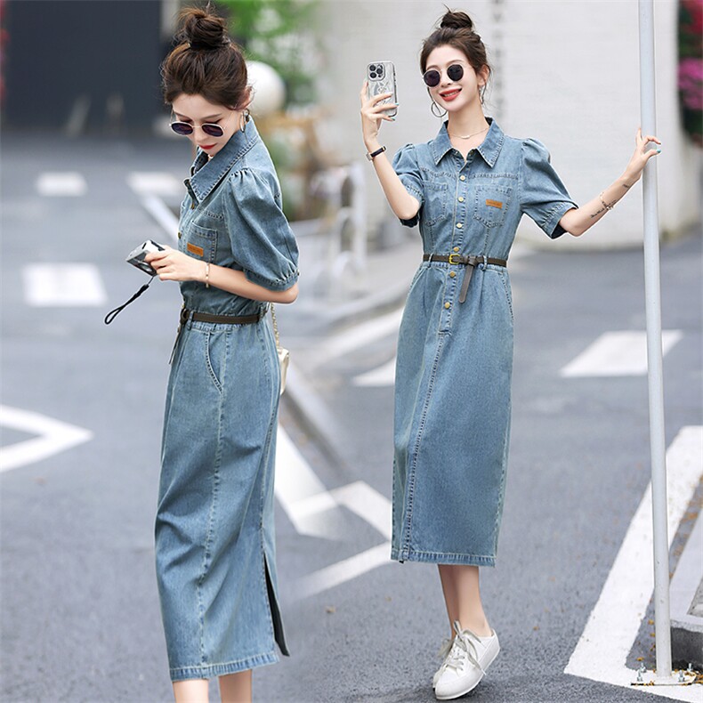 短袖牛仔连衣裙女中长款2025年夏装小个子洋气网红气质a字裙子，女装连衣裙，E百度