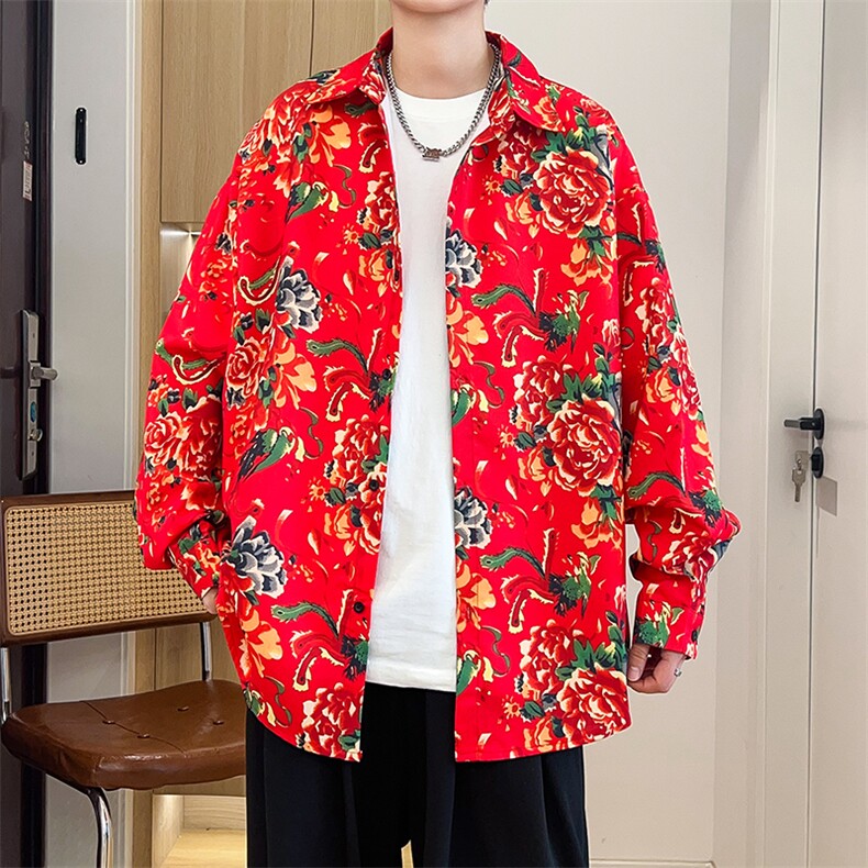 C1长袖男女宽松东北大花港风衬衣外套民族特色团队服寸衣风，男装民族服装，星座115A(原星座507）