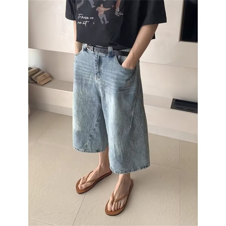 美式复古高街水洗设计感解构牛仔短裤男女潮牌休闲宽松百搭七分裤图片