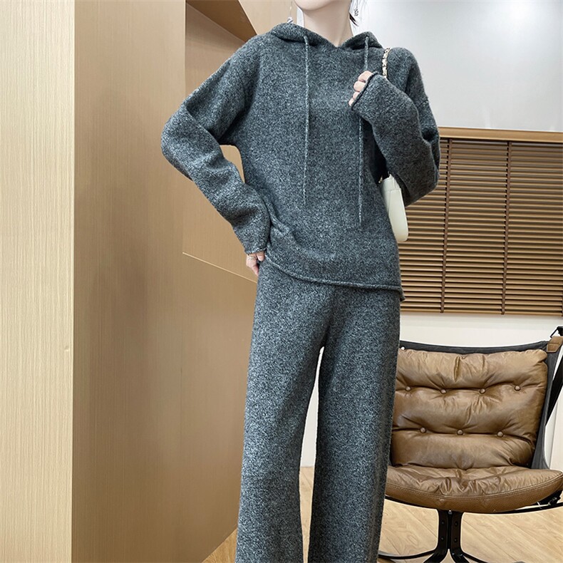 秋冬100%纯羊毛帽衫两件套女宽松显瘦连帽羊绒衫卫衣阔腿裤子套装,女装套装/套裙,暖思雅