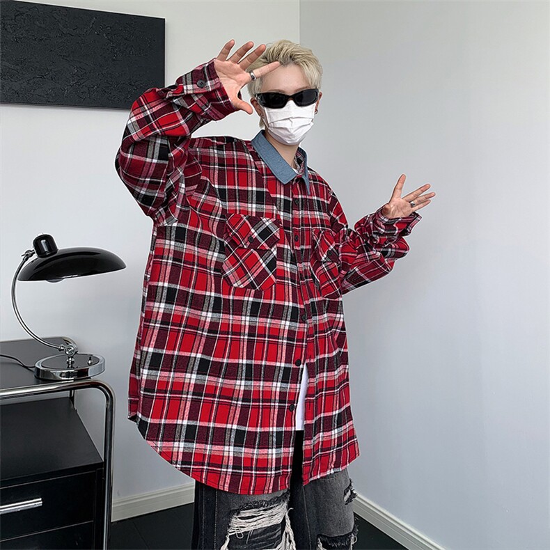 秋款男长袖衬衫格子拼接牛仔领拼色宽松衬衣外套CS1321P40,男装衬衫,星座1013-1