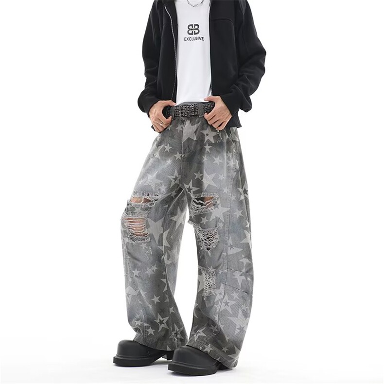 美式高街刀割破洞树叶迷彩工装裤牛仔裤男复古喇叭休闲裤子,男装牛仔裤,星座601-1