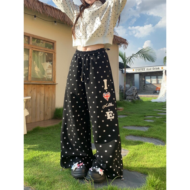 Amoeba美式复古满印星星印花宽松阔腿抽绳直筒休闲卫裤女百搭长裤，男装休闲裤，星座506A
