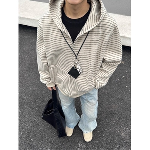 美式复古条纹连帽卫衣男款秋季高级感慵懒风开衫情侣外套WY66图片