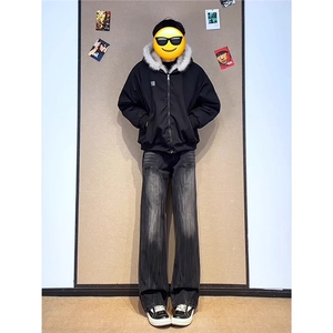 黑色闪电竹节纹牛仔裤男款裤美式显腿长直筒微喇裤NZ579图片