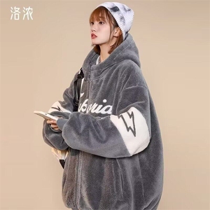 网络图现货潮牌慵懒风拼接加厚羊羔绒情侣立领保暖棉服JX13-P58